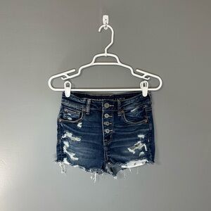 American Eagle Distressed button up under floral print Blue Denim Shorts